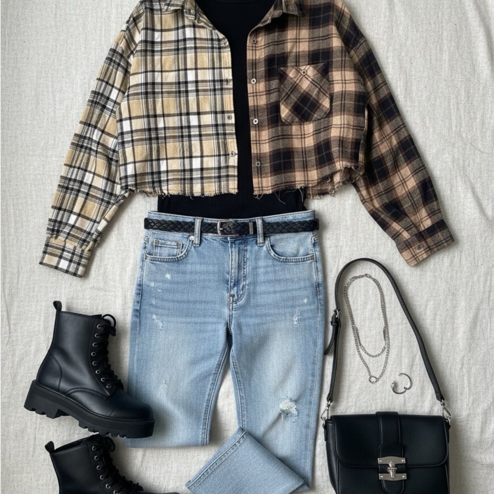 No Comment NY:LA Two-Tone Cropped Flannel Shirt L